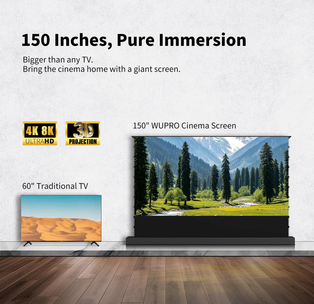 WUPRO 150 inch Lenticular UST CLR floor rising projector screen size comparison with a 65 inch TV for large screen home theater