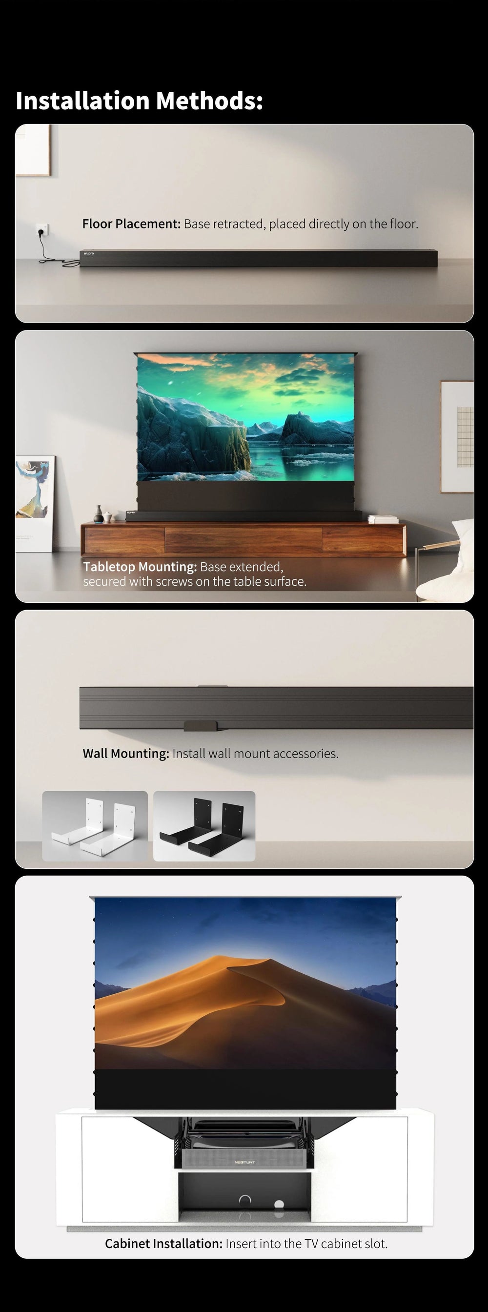 WUPRO 150 inch Lenticular UST CLR floor rising screen with four installation options including floor placement cabinet placement wall bracket mounting and smart TV cabinet integration