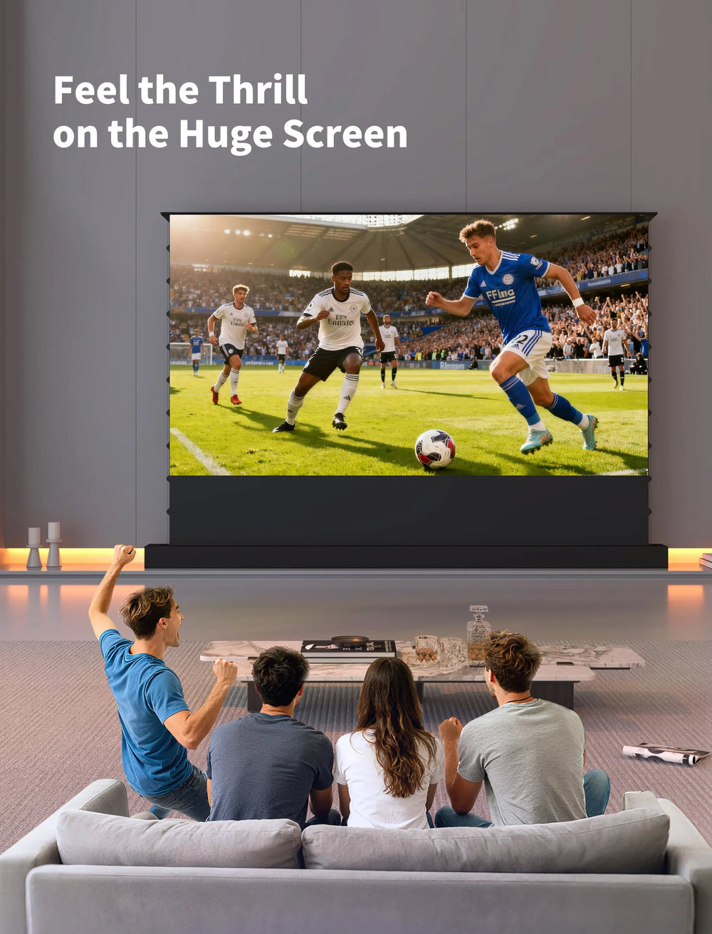 WUPRO 150 inch motorized floor rising UST screen creates a giant immersive projection display for large home theaters