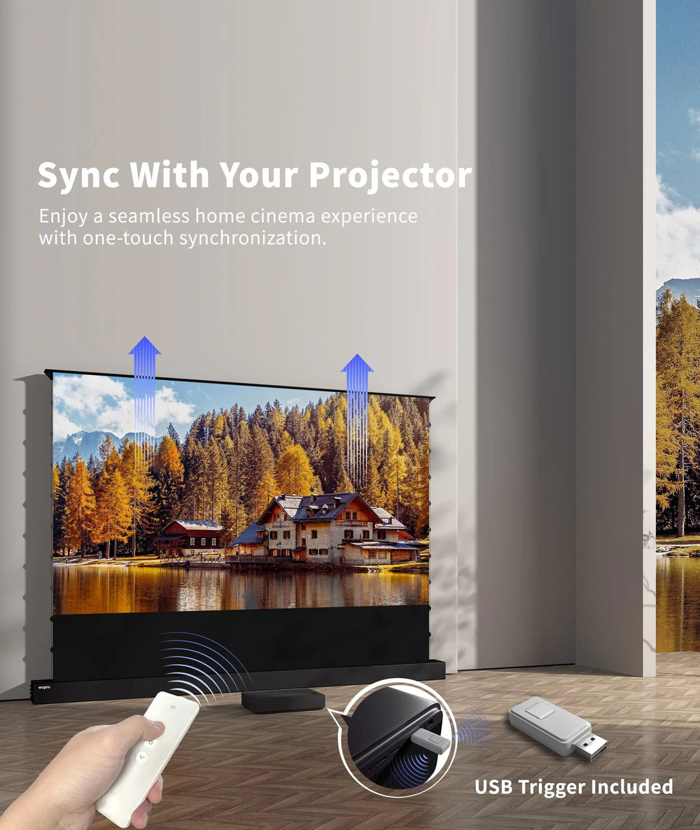 WUPRO 150 inch Lenticular UST motorized floor rising screen with USB trigger for automatic UST projector synchronization