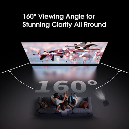 WUPRO Cinema 4K Weave AT fixed frame screen 160 degree wide viewing angle diagram — three-person sofa all within the uniform brightness zone for group movie watching