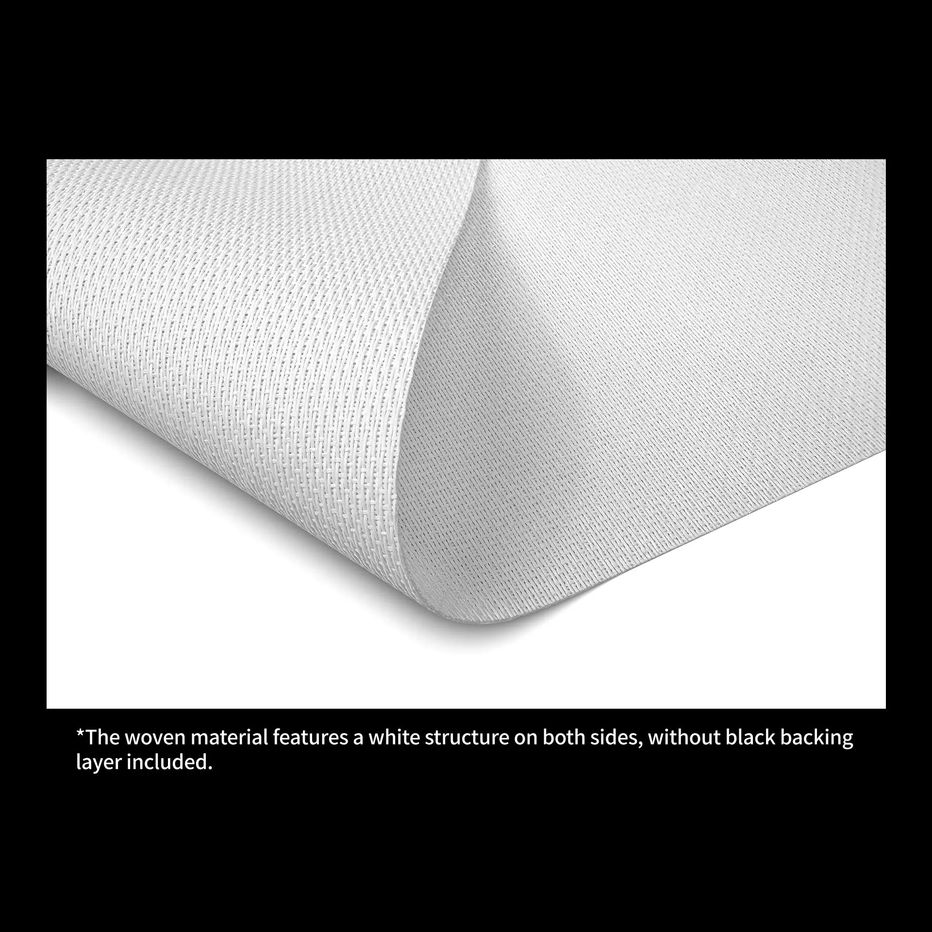 Macro detail view of WUPRO Cinema precision-woven acoustically transparent projection screen fabric — dual-sided white construction without black backing