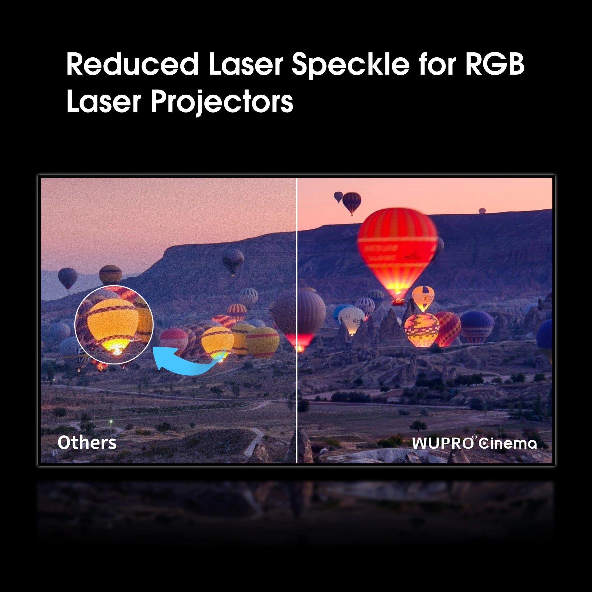 WUPRO Gallery anti-speckle woven acoustically transparent projector screen optimized for RGB triple laser projectors, effectively reducing laser speckle while maintaining sharp details, vibrant colors, and excellent sound transparency