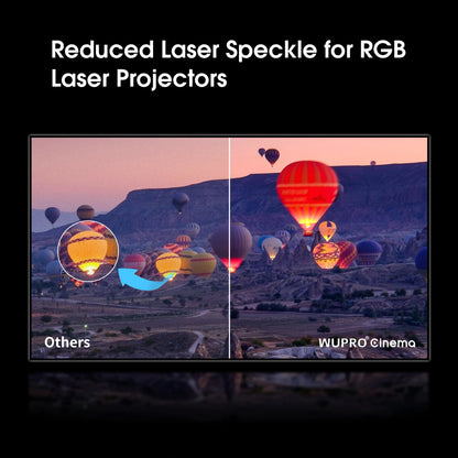 WUPRO Gallery anti-speckle woven acoustically transparent projector screen optimized for RGB triple laser projectors, effectively reducing laser speckle while maintaining sharp details, vibrant colors, and excellent sound transparency