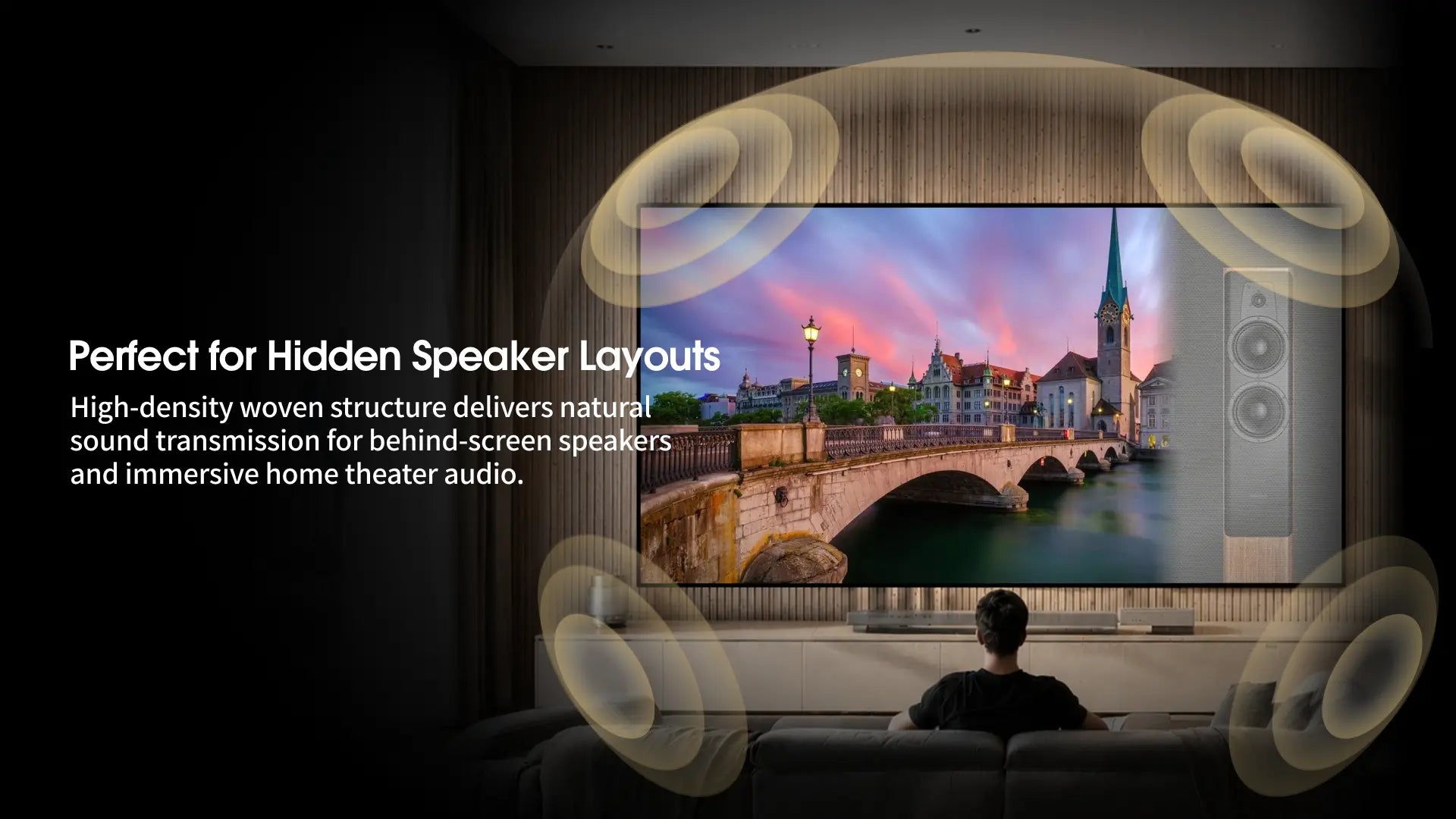 WUPRO Cinema 4K Weave acoustically transparent screen enabling hidden behind-screen speaker placement — sound waves pass through woven fabric with minimal attenuation for immersive home theater audio
