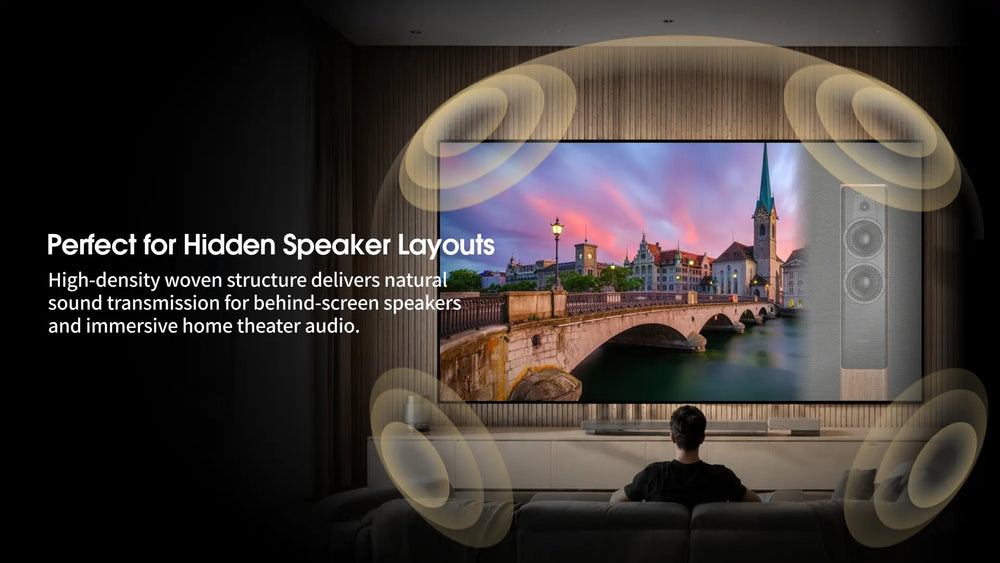 Pantalla tejida WUPRO Cinema 4K acústicamente transparente que permite colocar los altavoces ocultos detrás de la pantalla; las ondas sonoras atraviesan el tejido con una atenuación mínima para ofrecer un audio inmersivo de cine en casa