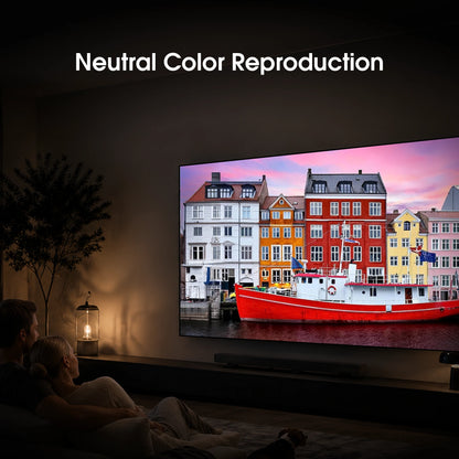 WUPRO Cinema 4K Weave acoustically transparent screen delivering neutral color reproduction in a dedicated home theater, enjoying vivid 4K UHD projection with accurate colorimetry