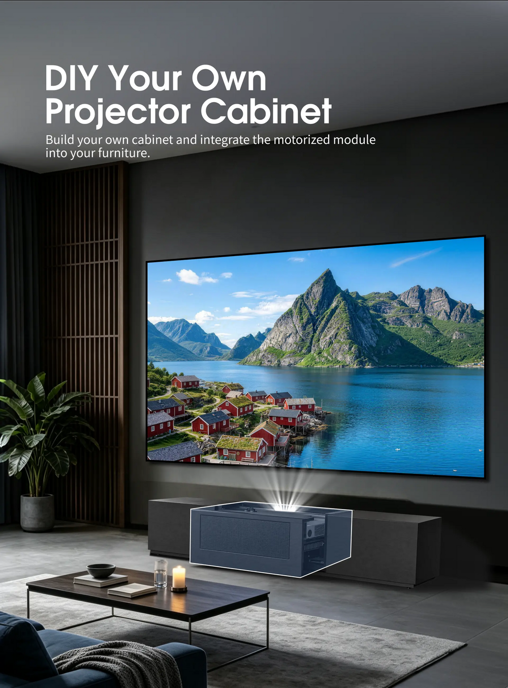 DIY UST projector cabinet module with motorized sliding mechanism for custom furniture projects
