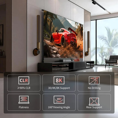 WUPRO Berlin laser TV cabinet paired with LeApex CBSP CLR floor rising screen for 4K and 8K ultra short throw projection
