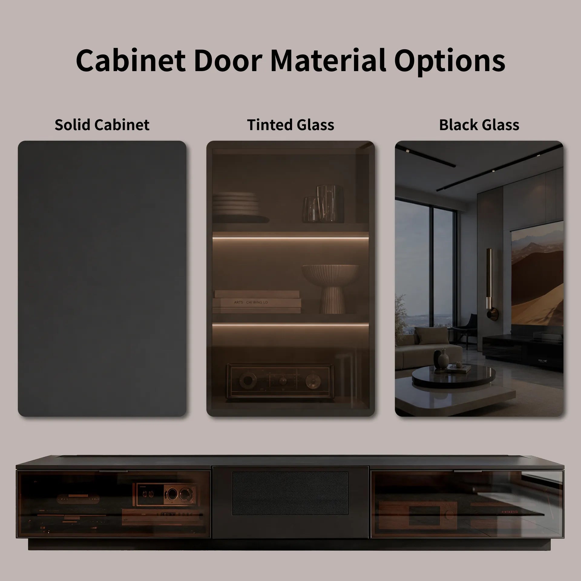 WUPRO Berlin hidden projector cabinet with multiple front door options including solid veneer, brown tinted glass and black tinted glass panels for a customized laser TV setup