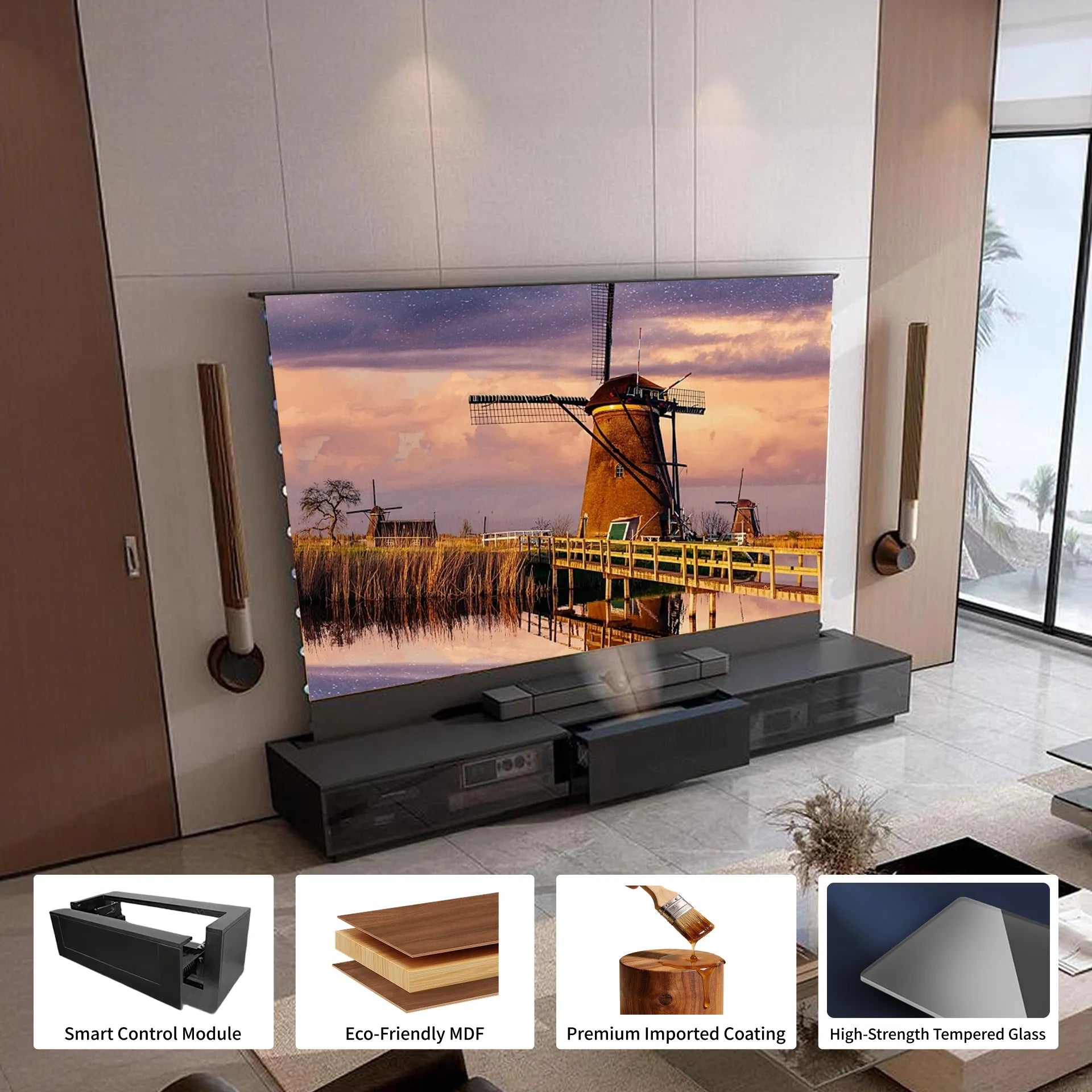 Premium laser TV cabinet with multi-layer MDF, whisper-quiet motor and Italian imported paint finish