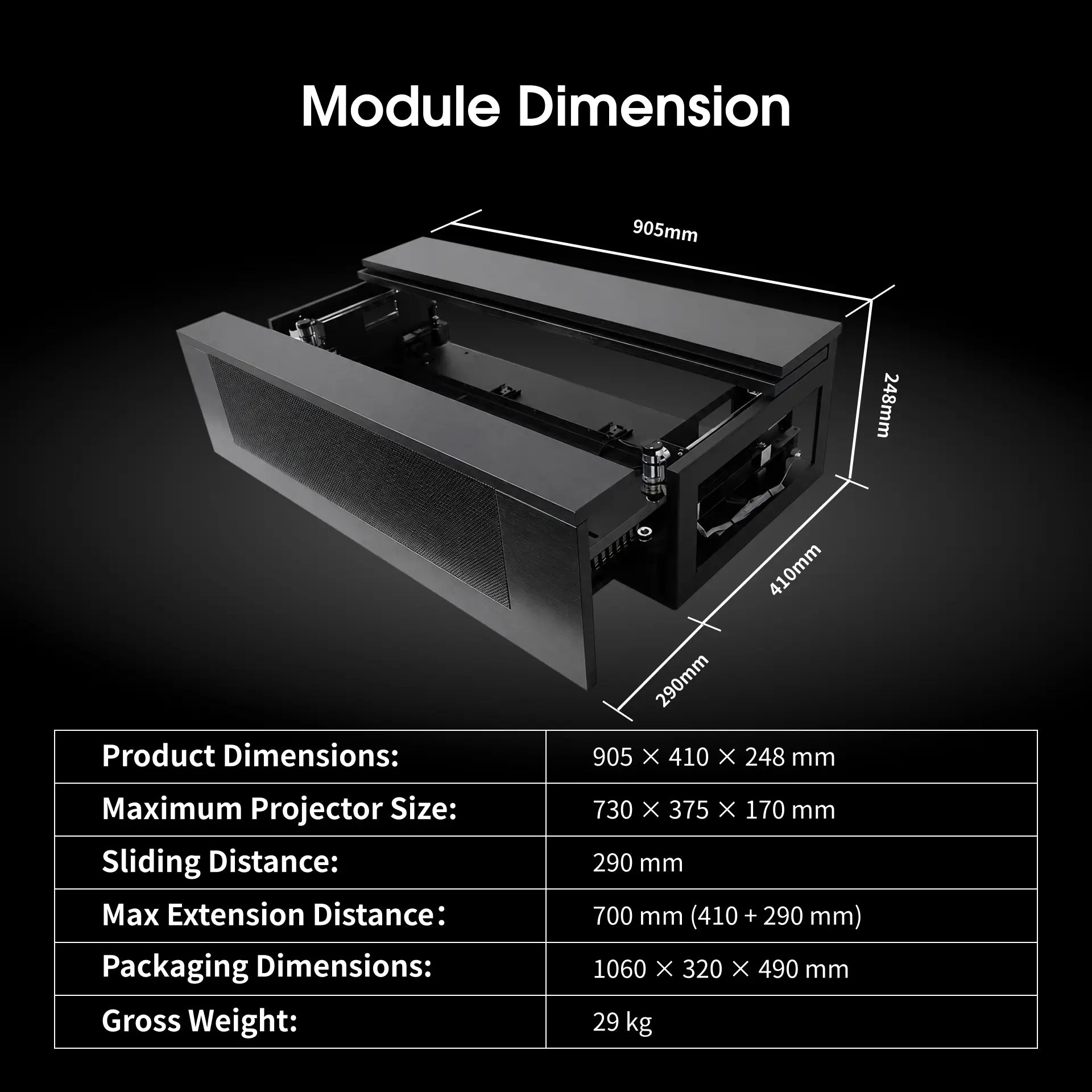 WUPRO Cabinet Module product dimensions, screen extension distance, packaging dimensions and installation measurement
