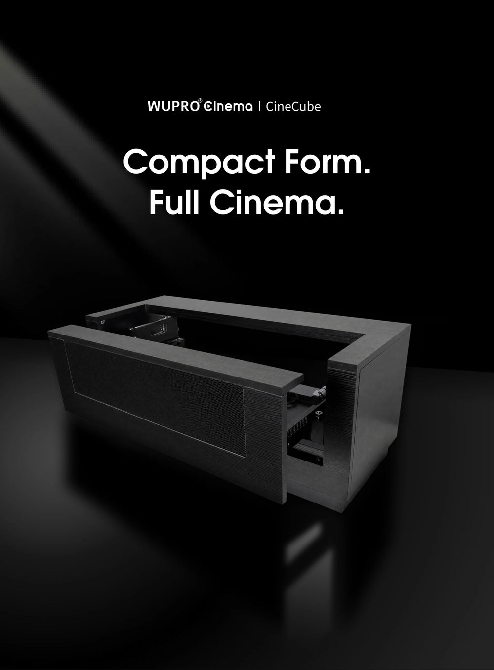 WUPRO CineCube compact UST projector cabinet with motorized sliding tray for a space-saving laser TV setup