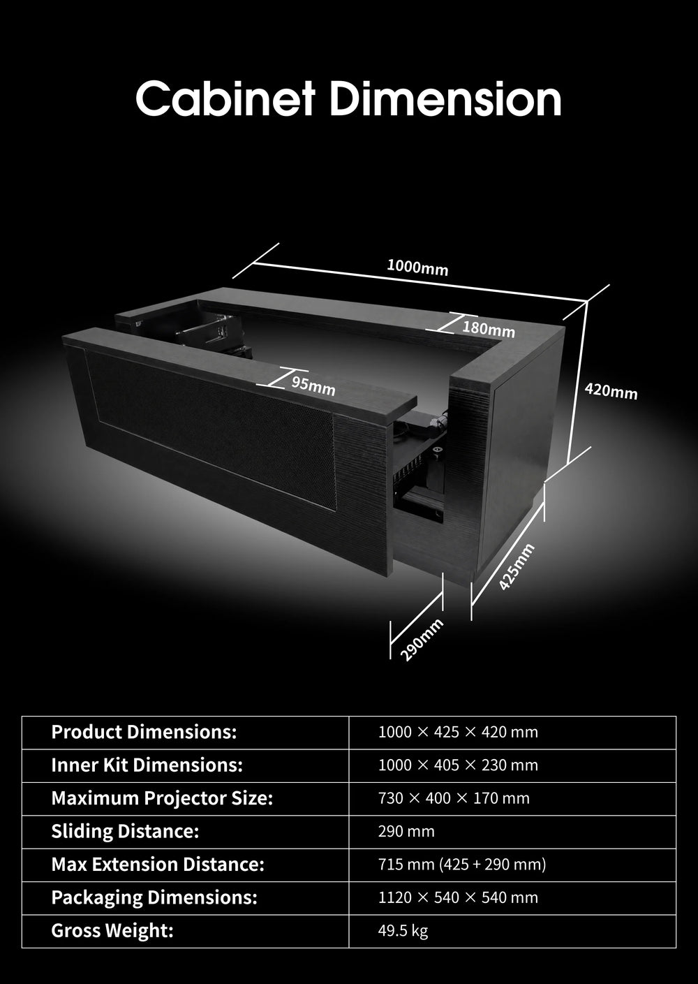 WUPRO CineCube smart UST projector cabinet size and dimension specifications