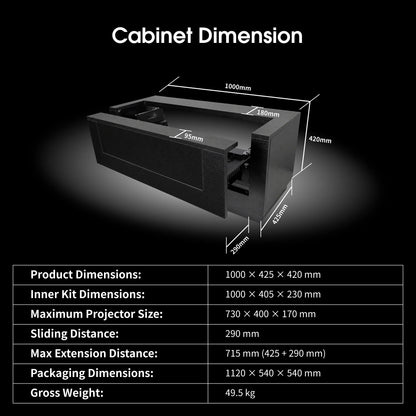 WUPRO CineCube laser TV cabinet dimensions, compatible UST projector size, product specifications and package dimensions