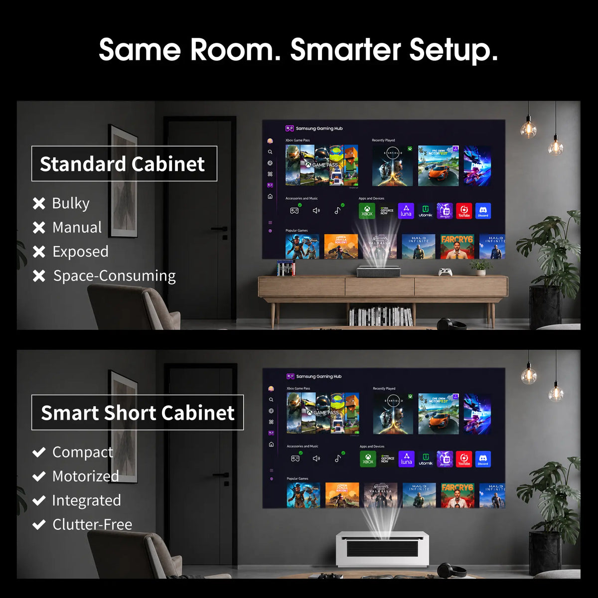 WUPRO smart UST projector cabinet compared with a traditional TV cabinet, featuring automated projector integration and a compact space-saving design.