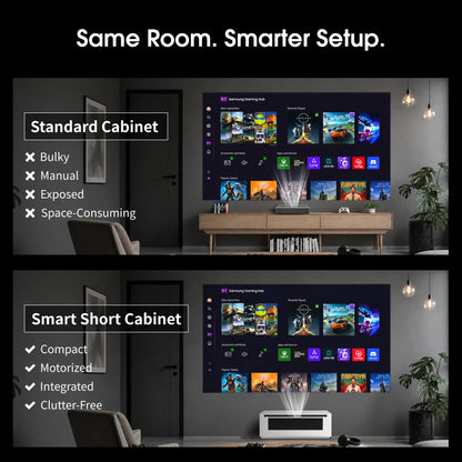 WUPRO smart UST projector cabinet compared with a traditional TV cabinet, featuring automated projector integration and a compact space-saving design.