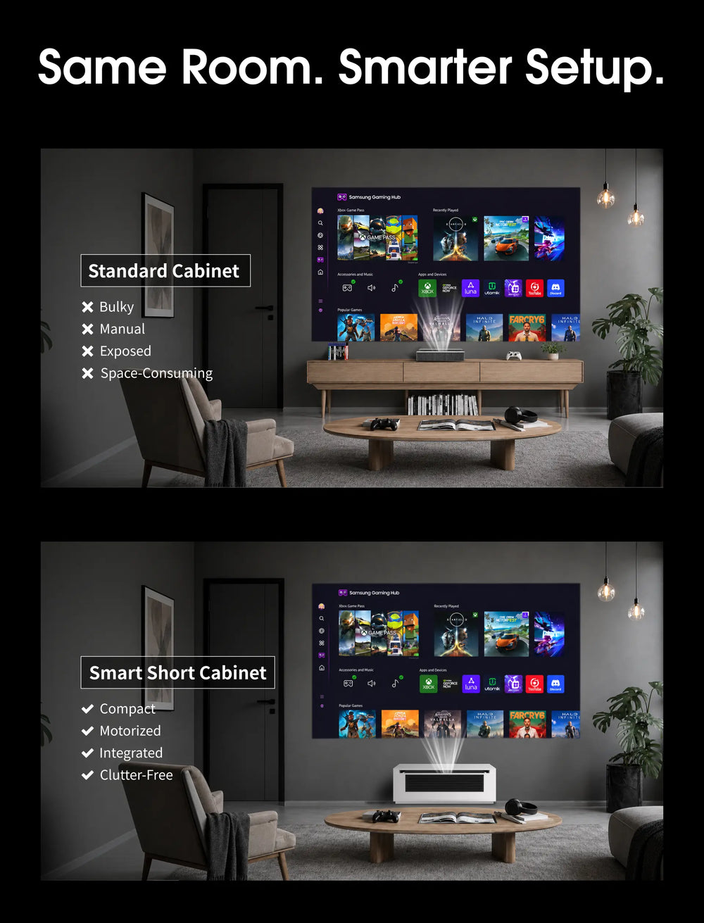 WUPRO CineCube compact UST projector cabinet compared with a traditional long TV cabinet for space-saving installation
