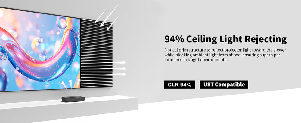 WUPRO Cinema Gallery CBSP ALR UST fixed frame screen with 94% ceiling light rejection with optical lenticular black grid structure