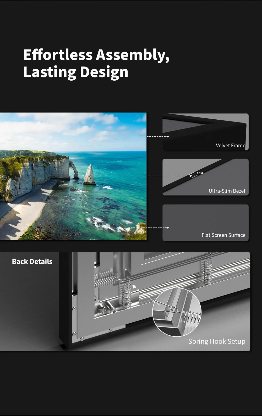 WUPRO Gallery CBSP ALR UST fixed frame screen with ultra slim black velvet bezel spring tension