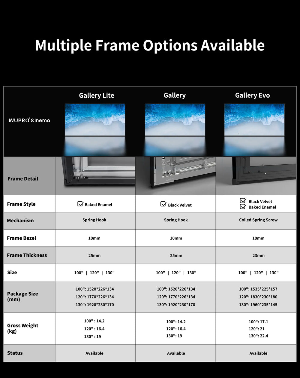 UPRO Cinema Gallery Lenticular LT fixed frame screen with three frame style options
