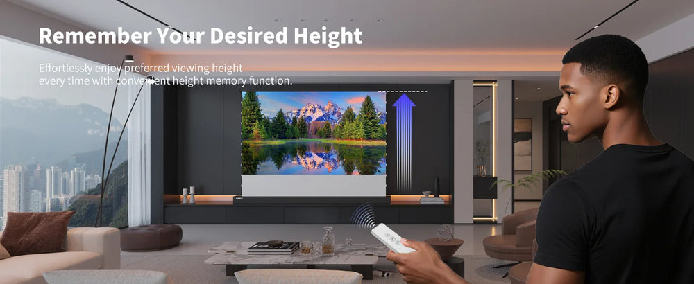 LeApex floor rising projector screen automatically stops at your preset viewing height every time it opens