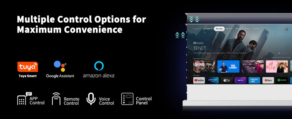 eApex smart motorized floor rising screen with RF remote, Tuya, Alexa and Google Assistant control