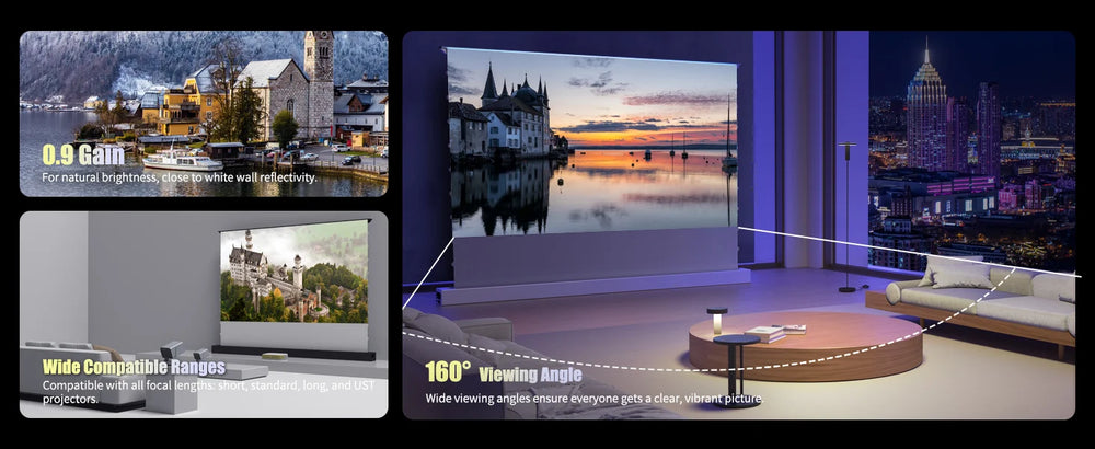 Soft Matte Grey projector screen with 0.9 gain and 160 degree wide viewing angle