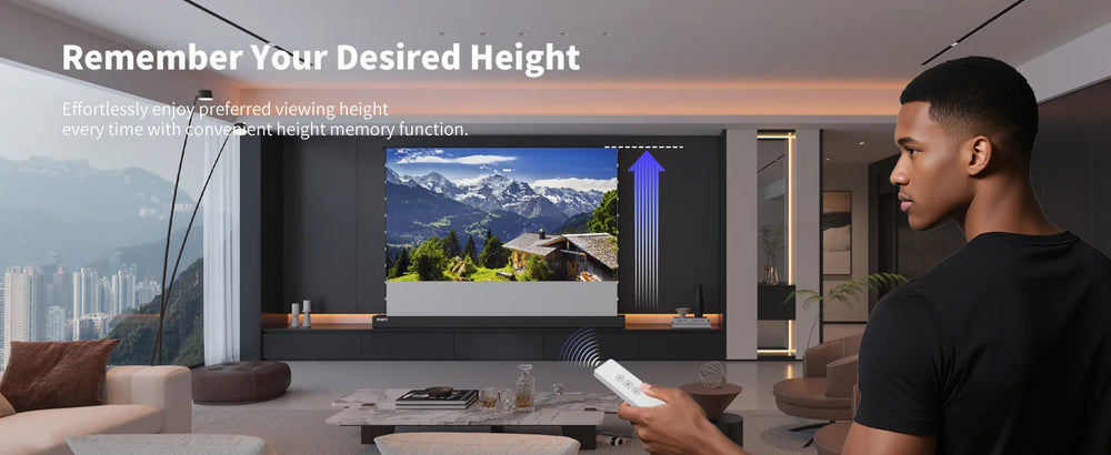 LeApex floor rising projector screen automatically stops at your preset viewing height every time it opens
