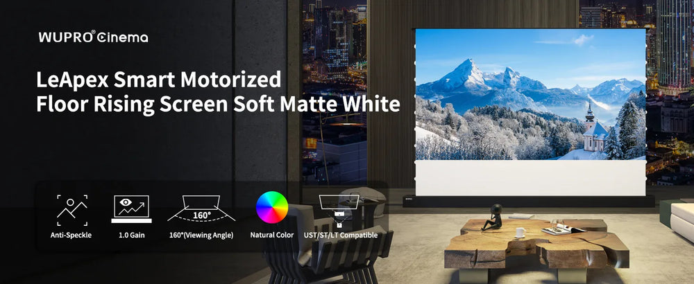 WUPRO Cinema LeApex Soft Matte White motorized floor rising projector screen with 1.0 gain and laser speckle reduction