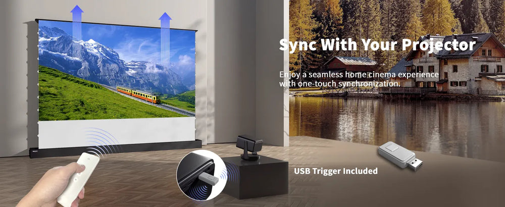 LeApex motorized floor rising screen with USB trigger for automatic projector synchronization