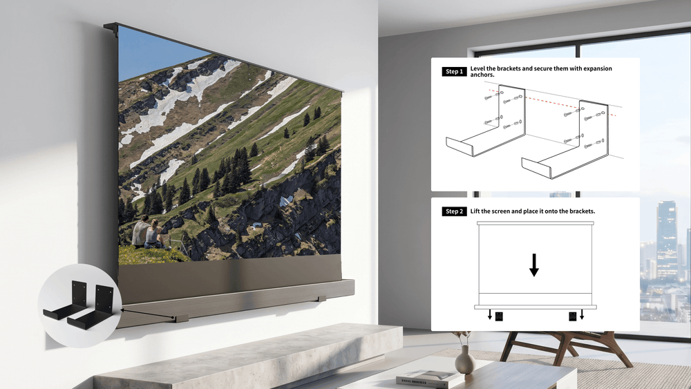 WUPRO LeApex floor rising projector screen wall bracket installation guide with bracket mounting and screen placement instructions