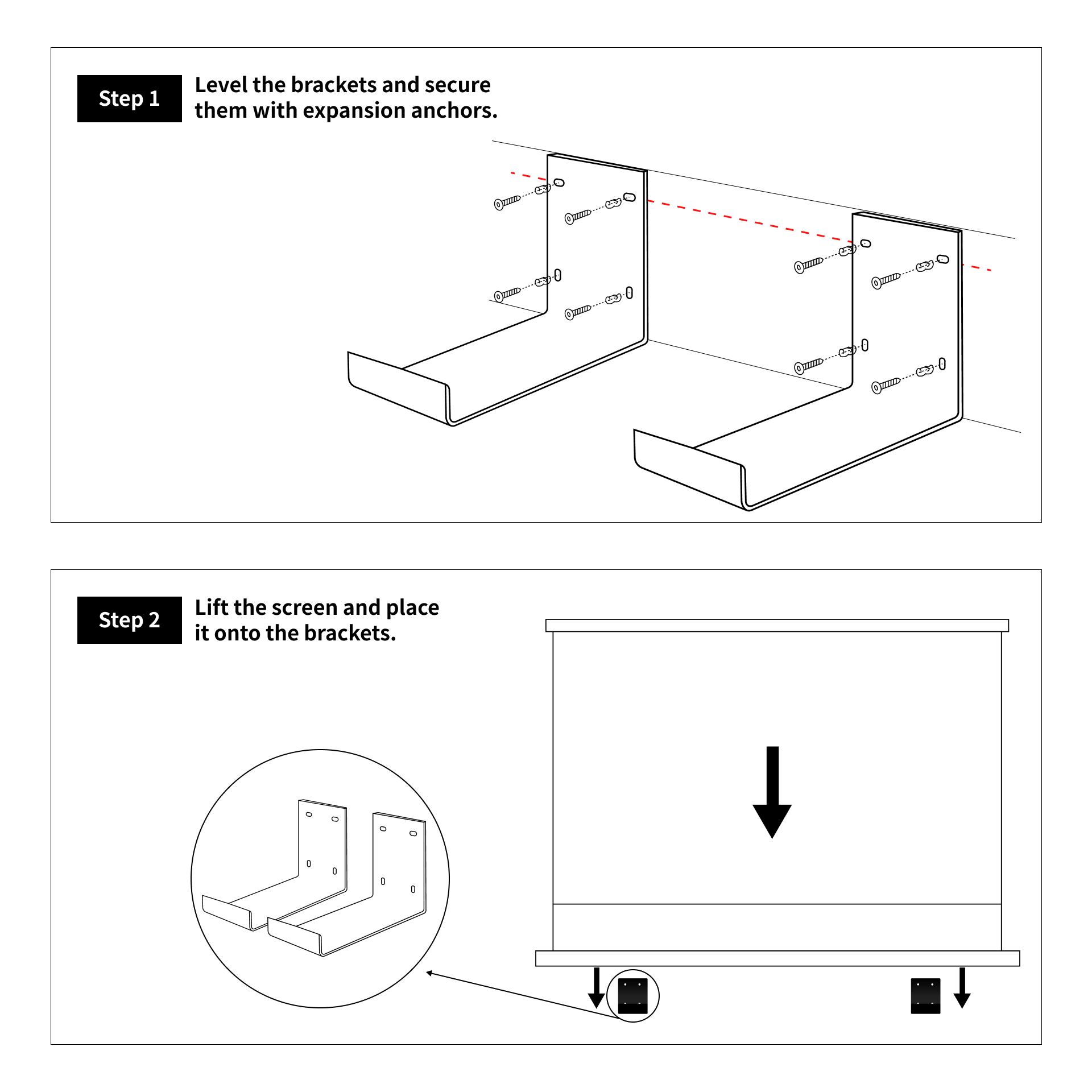 WUPRO floor rising projector screen wall bracket installation guide step 1 align brackets and secure with expansion anchors, step 2 place the floor rising screen onto the mounted brackets.