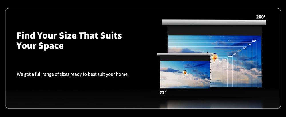 WUPRO FlowArc motorized drop down projector screen available in sizes from 72 to 200 inches