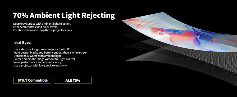 WUPRO Black Crystal metallic coated projection surface designed for long throw ALR performance