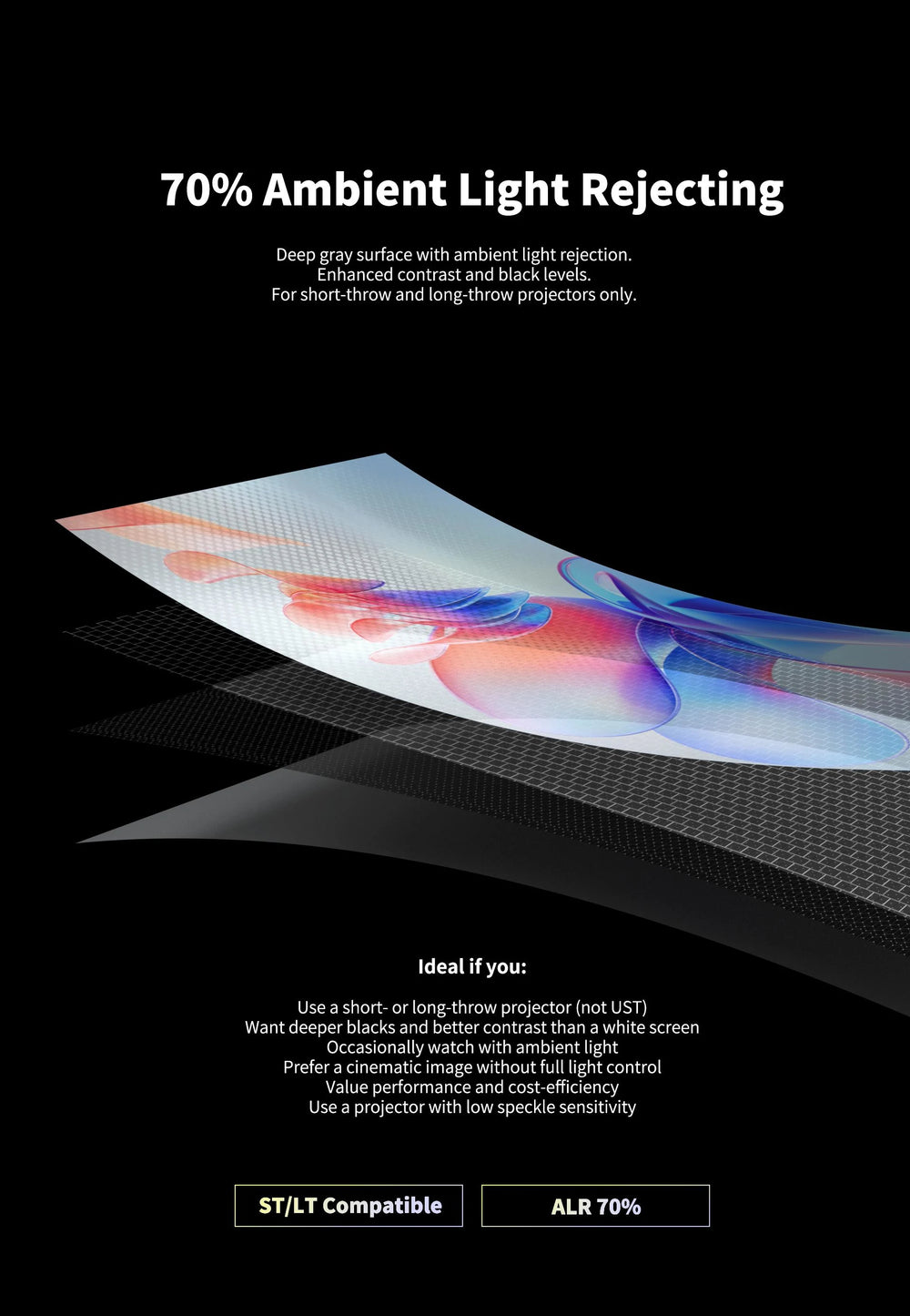 WUPRO FlowArc Black Crystal ALR screen compatibility guide showing high brightness RGB triple laser projectors may produce more visible laser speckle