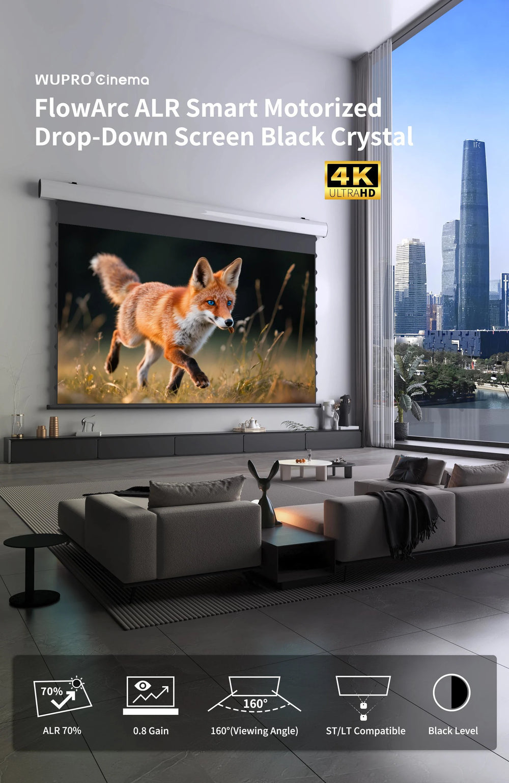 72-120 Inch WUPRO FlowArc Black Crystal ALR screen key features including 70% ambient light rejection enhanced blacks and long throw compatibility