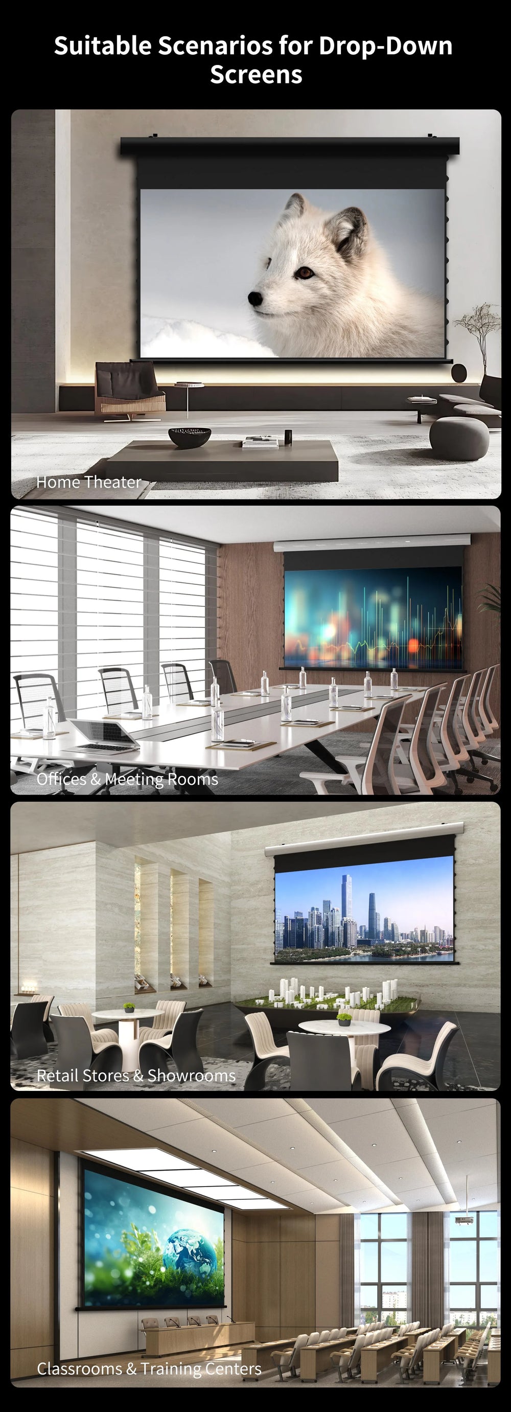 WUPRO FlowArc motorized projector screen for flexible entertainment gaming and home theater spaces