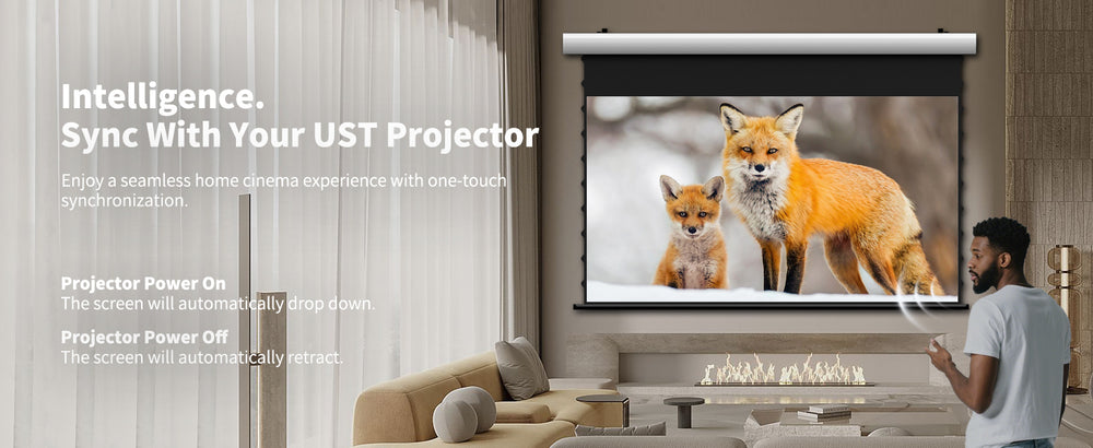 WUPRO FlowArc Black Crystal motorized ALR screen with USB trigger for automatic projector synchronization