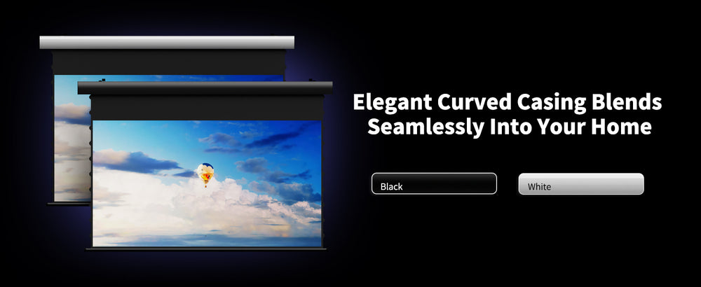 WUPRO FlowArc motorized drop down screen available with black or white housing options