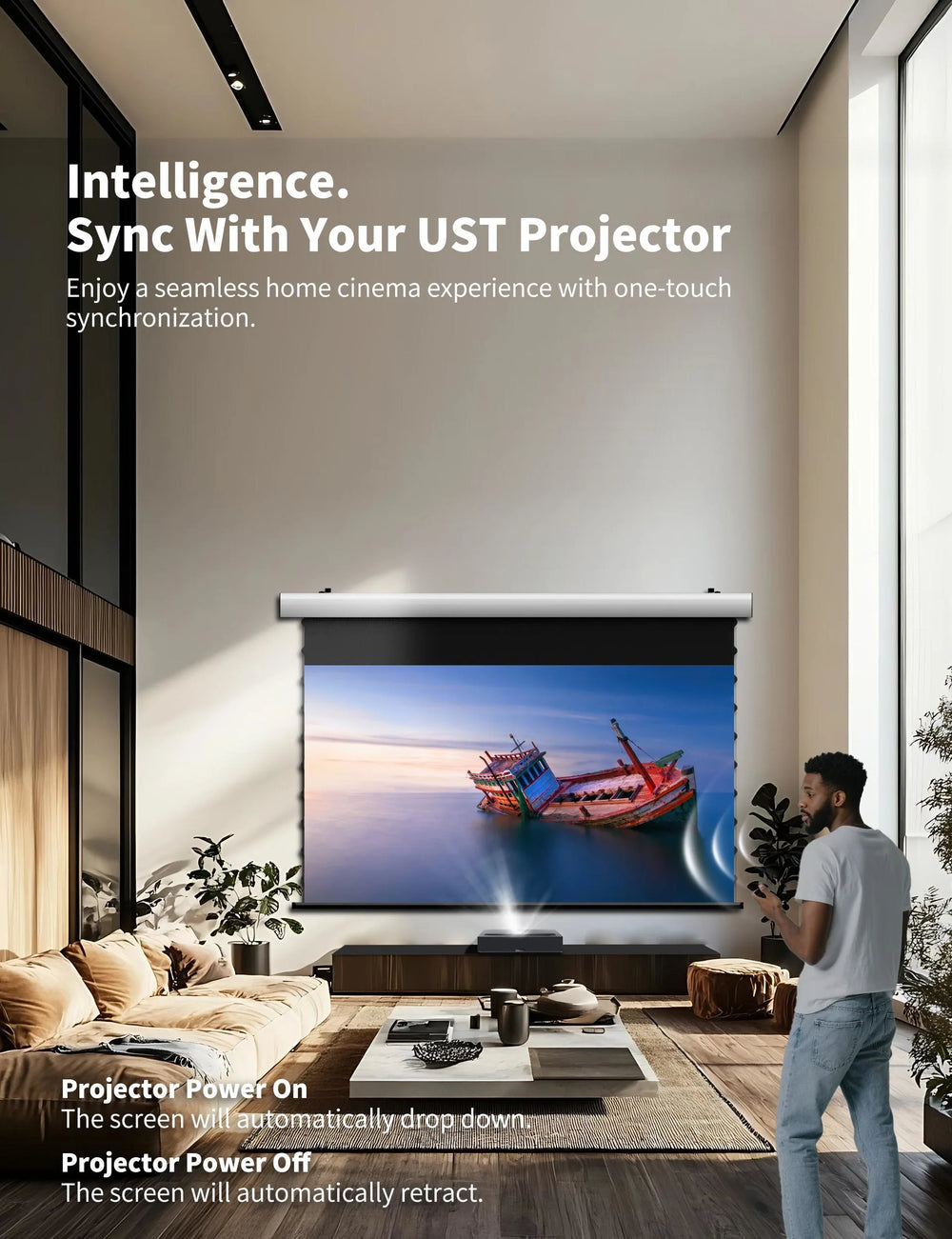 WUPRO FlowArc CBSP screen automatically lowers and retracts with compatible UST projectors