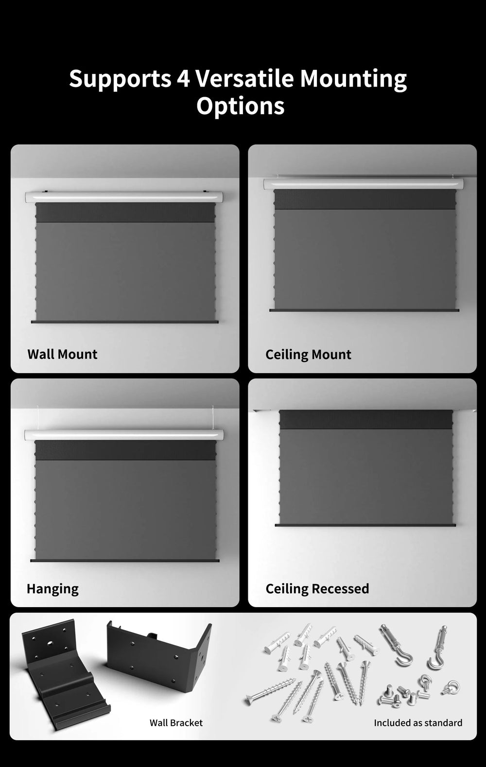 WUPRO FlowArc CBSP UST motorized screen supports wall ceiling suspended and hidden installation options
