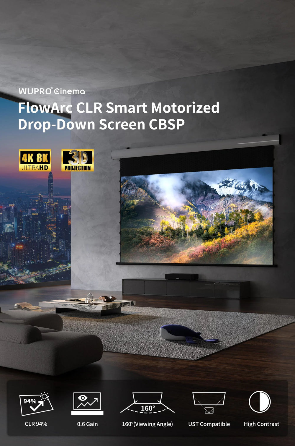 WUPRO FlowArc CBSP UST screen with 94% ceiling light rejection for improved daytime projection