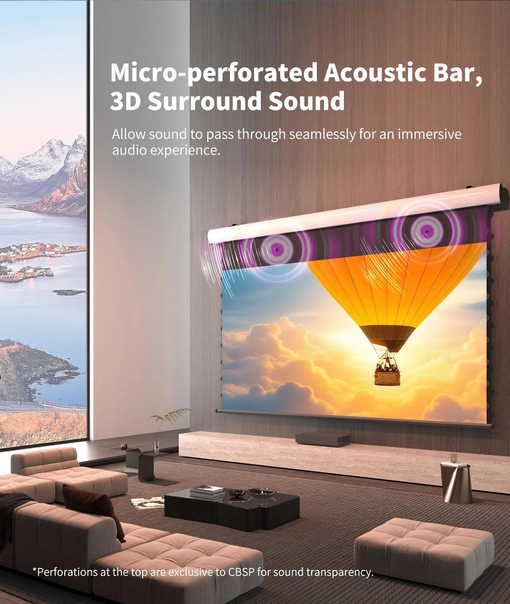 WUPRO CBSP motorized screen features an acoustically transparent top black drop