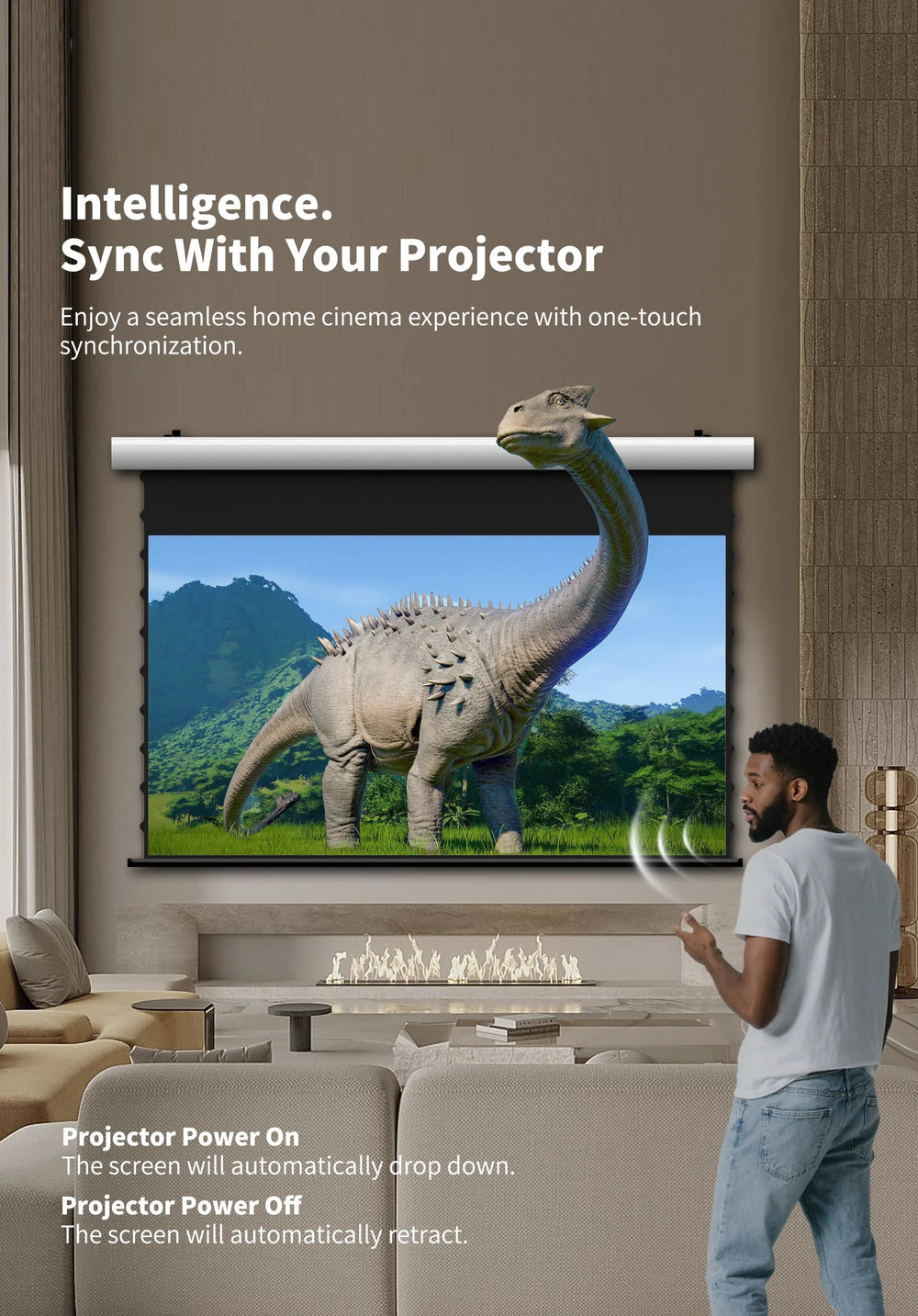 WUPRO FlowArc Grey Crystal motorized screen with USB trigger for automatic projector synchronization