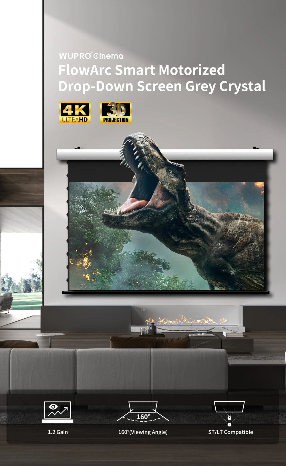 WUPRO FlowArc Grey Crystal high gain motorized screen for bright and vivid long throw projection