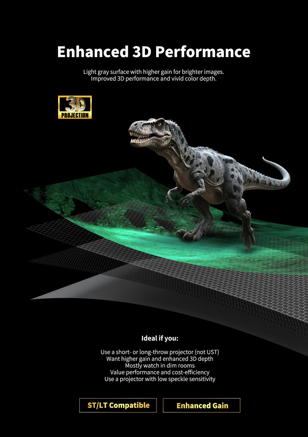 WUPRO FlowArc Grey Crystal screen uses a metallic coating to increase gain and reflected image brightness