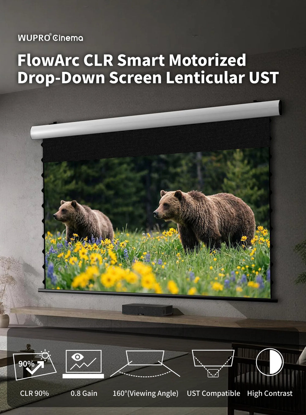 WUPRO FlowArc 150 inch seamless Lenticular UST CLR motorized screen with 90% ceiling light rejection 0.8 gain 160 degree viewing angle and 4K 8K 3D HDR support