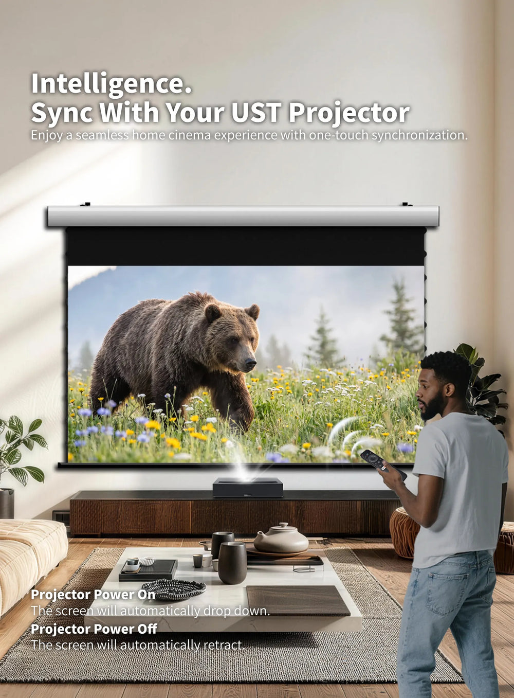 WUPRO FlowArc Lenticular UST motorized screen with USB trigger for automatic projector synchronization