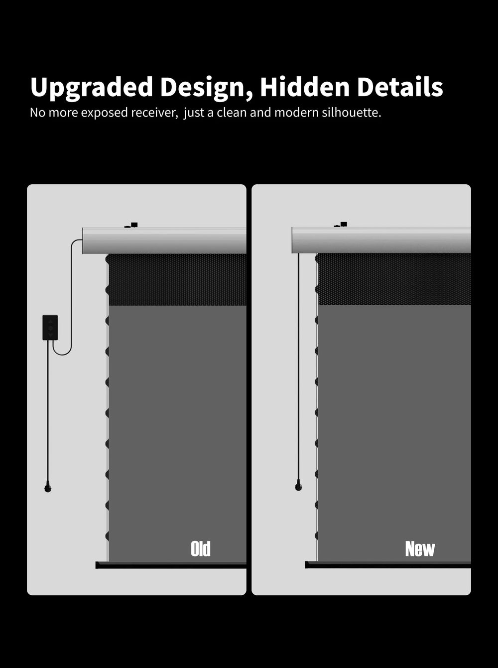 WUPRO FlowArc motorized screen with hidden integrated control box for a clean installation without an exposed inline controller